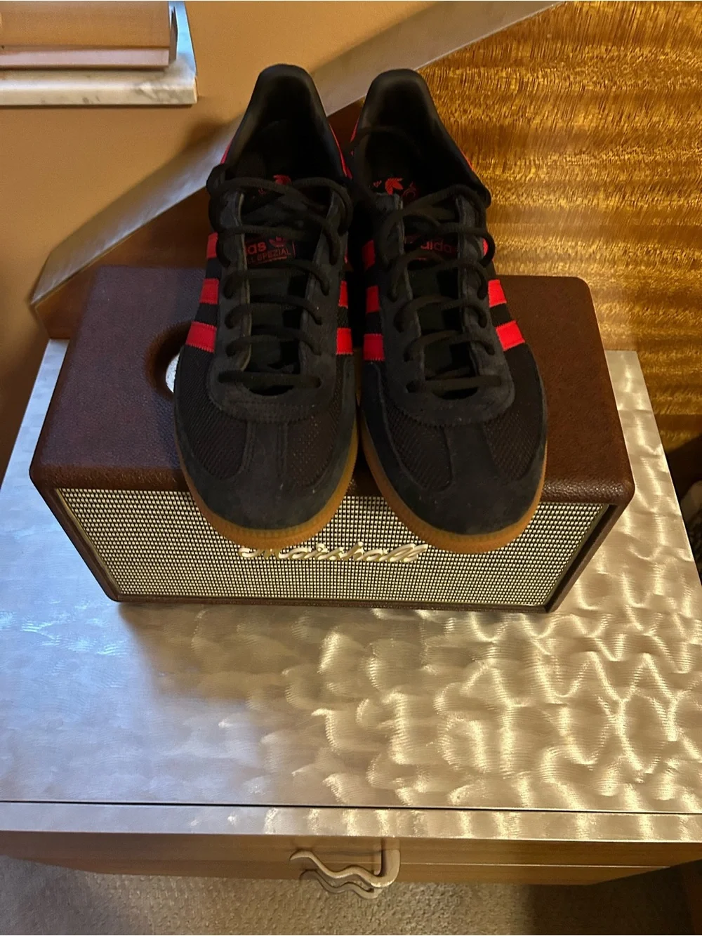 Adidas Speziale  in black with Red Stripes and Gum Sole